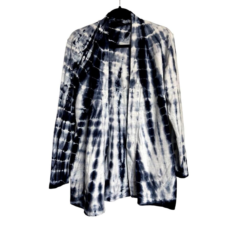 Spirit Jersey Sweater‎ Womens Medium White Blue Cardigan Tie Dye Open Front NWOT